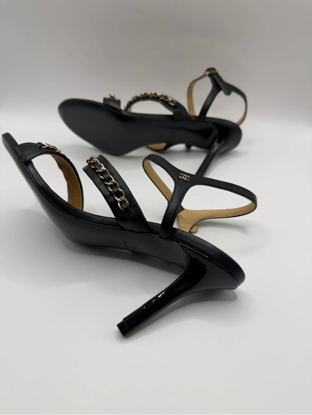 CHANEL Black Leather Chain-Trim High Heel Sandals